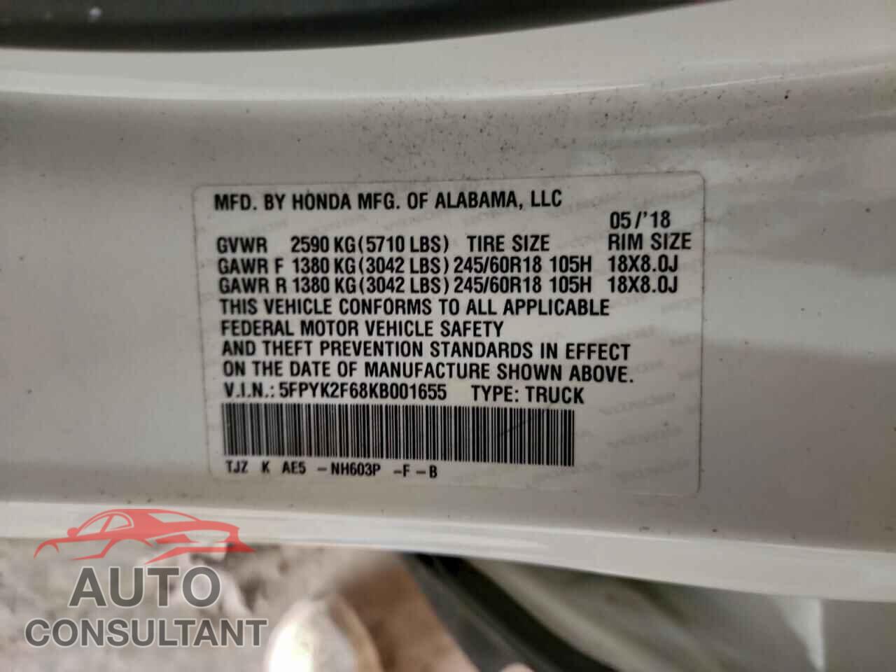 HONDA RIDGELINE 2019 - 5FPYK2F68KB001655