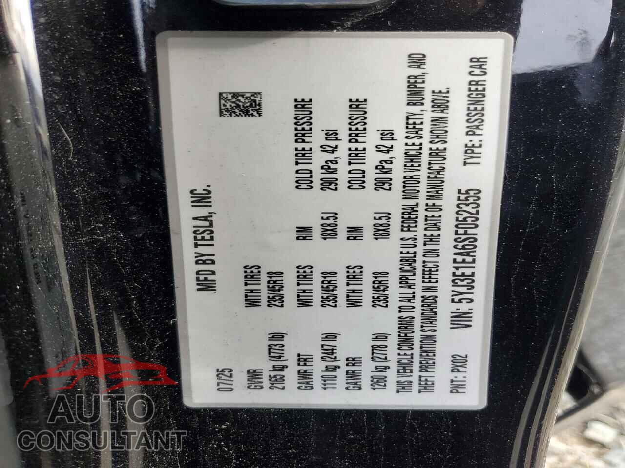 TESLA MODEL 3 2025 - 5YJ3E1EA6SF052355
