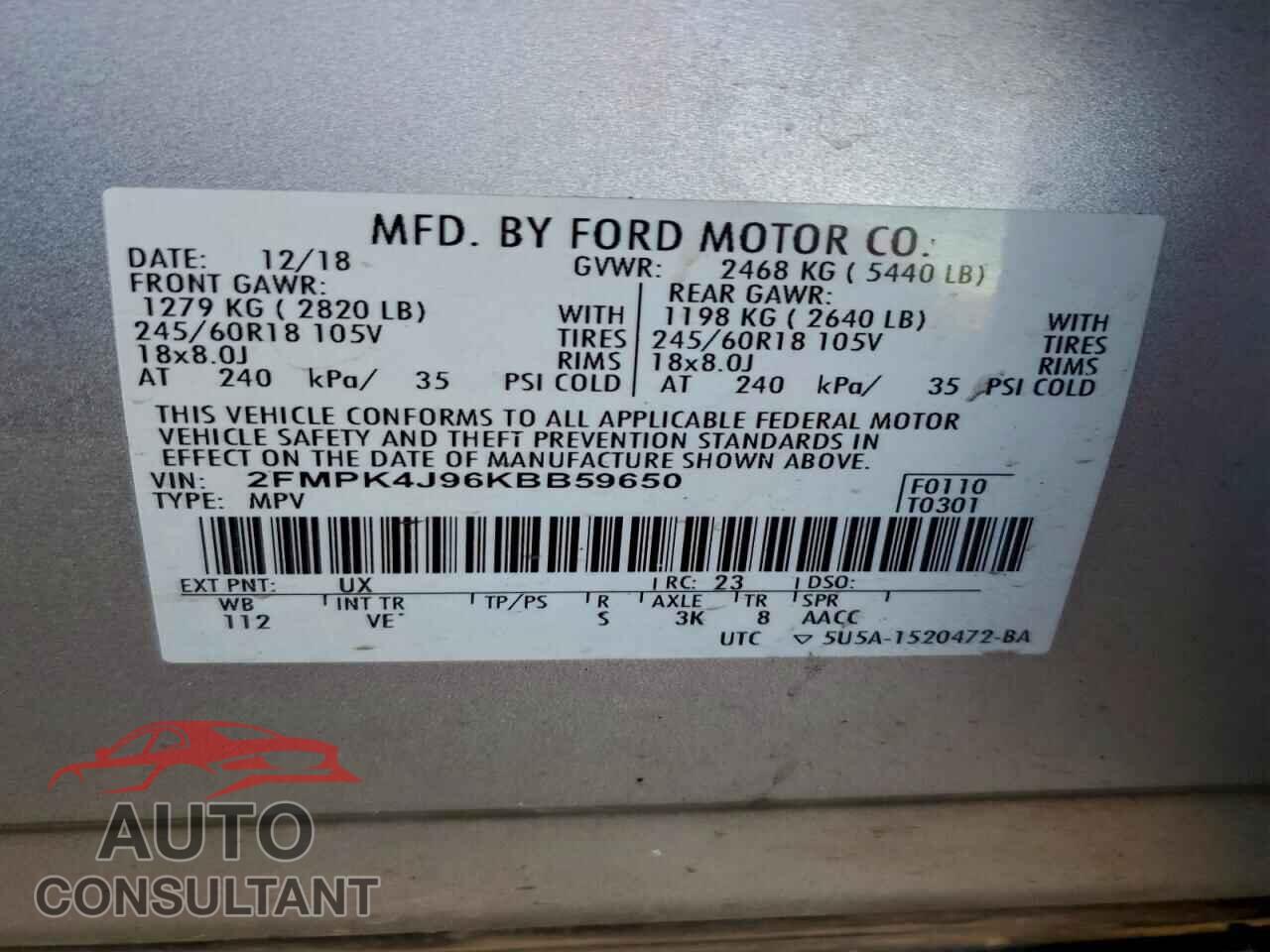 FORD EDGE 2019 - 2FMPK4J96KBB59650