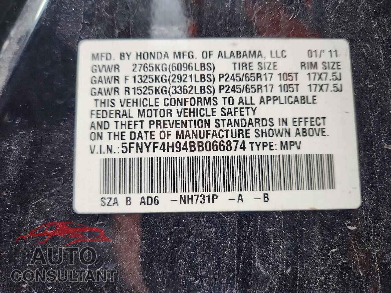 HONDA PILOT 2011 - 5FNYF4H94BB066874