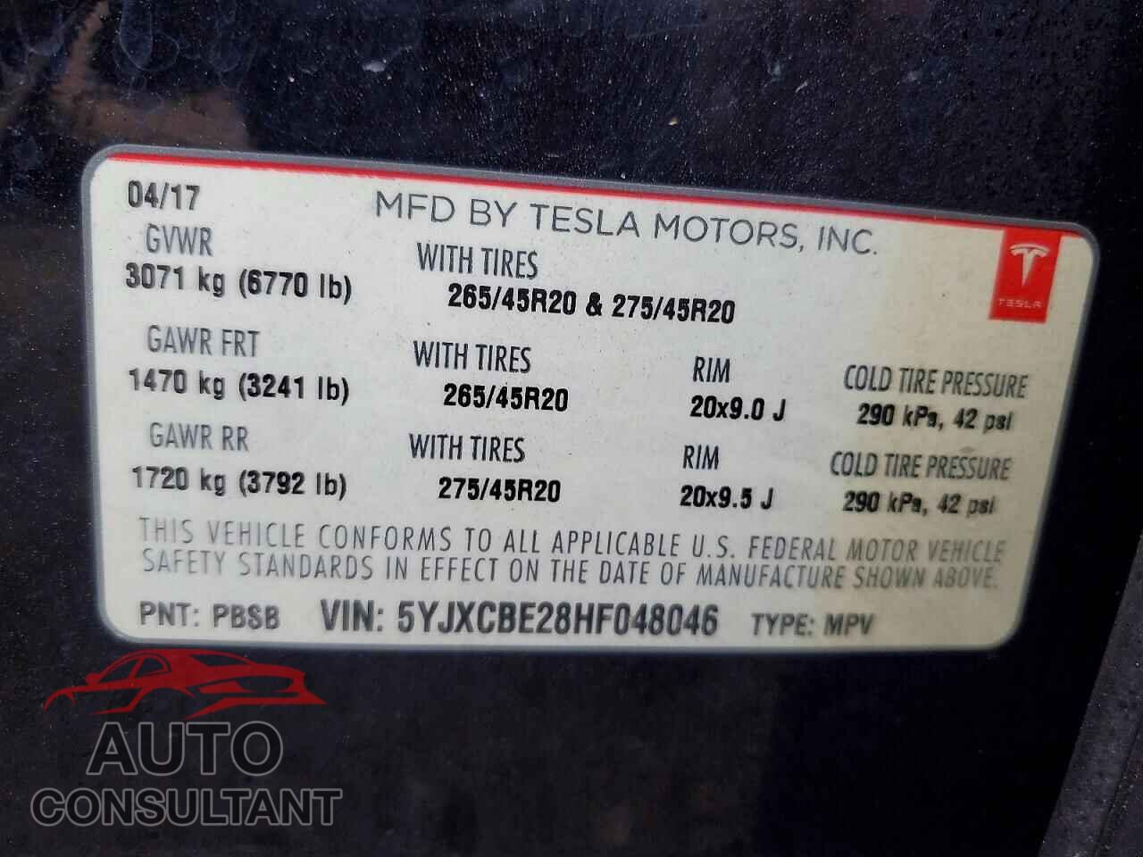 TESLA MODEL X 2017 - 5YJXCBE28HF048046