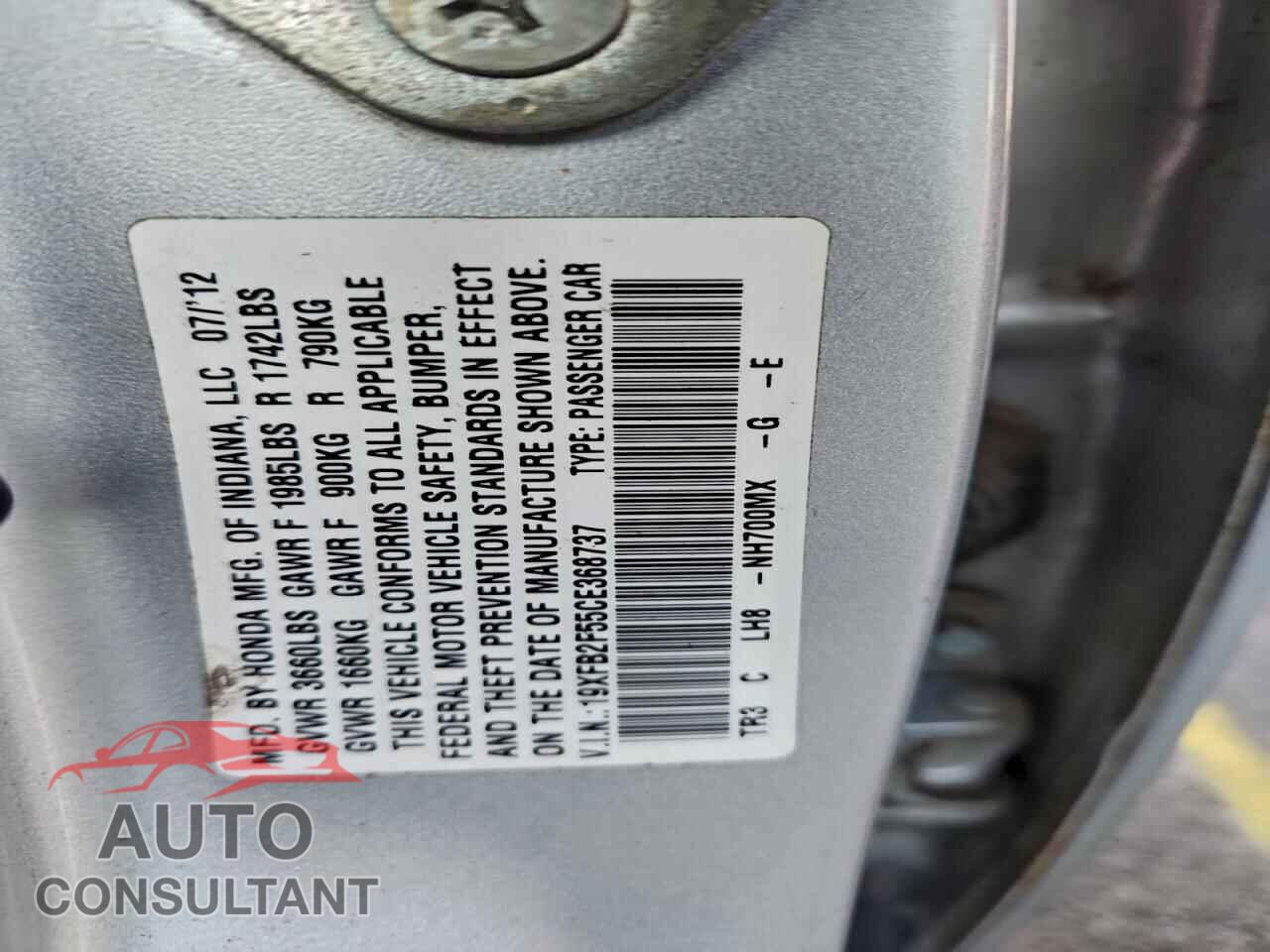 HONDA CIVIC 2012 - 19XFB2F55CE368737