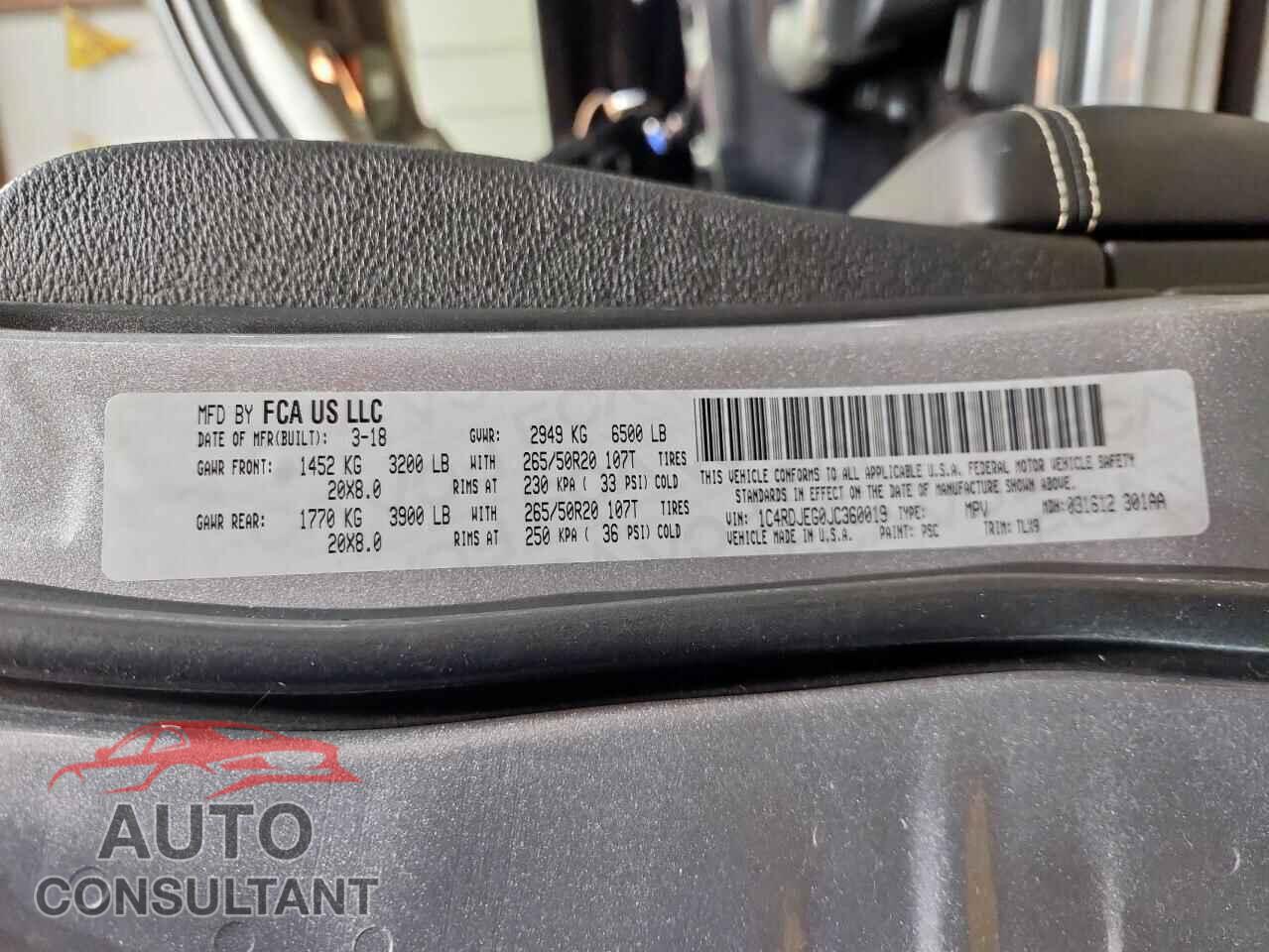 DODGE DURANGO 2018 - 1C4RDJEG0JC360019