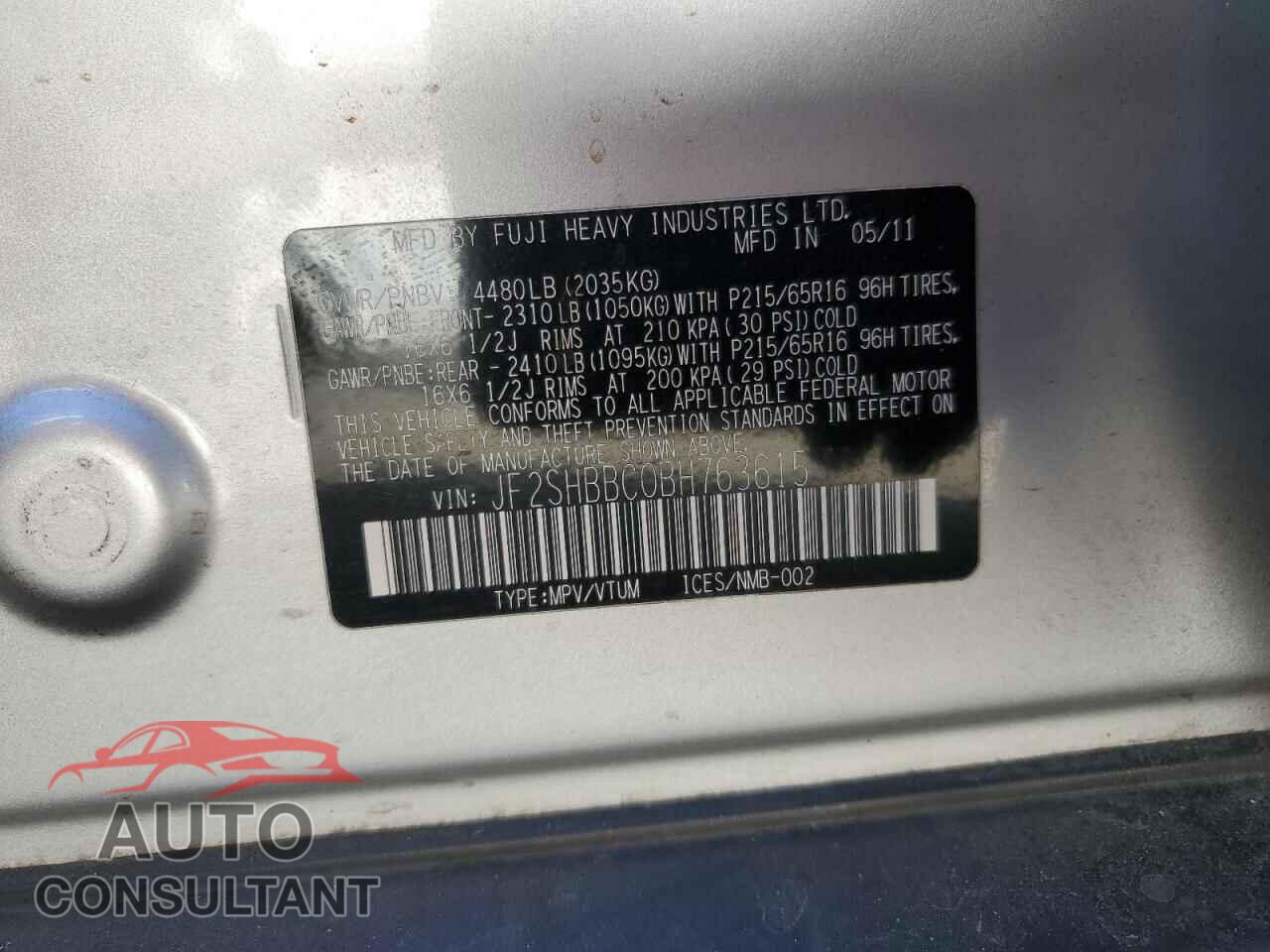 SUBARU FORESTER 2011 - JF2SHBBC0BH763615