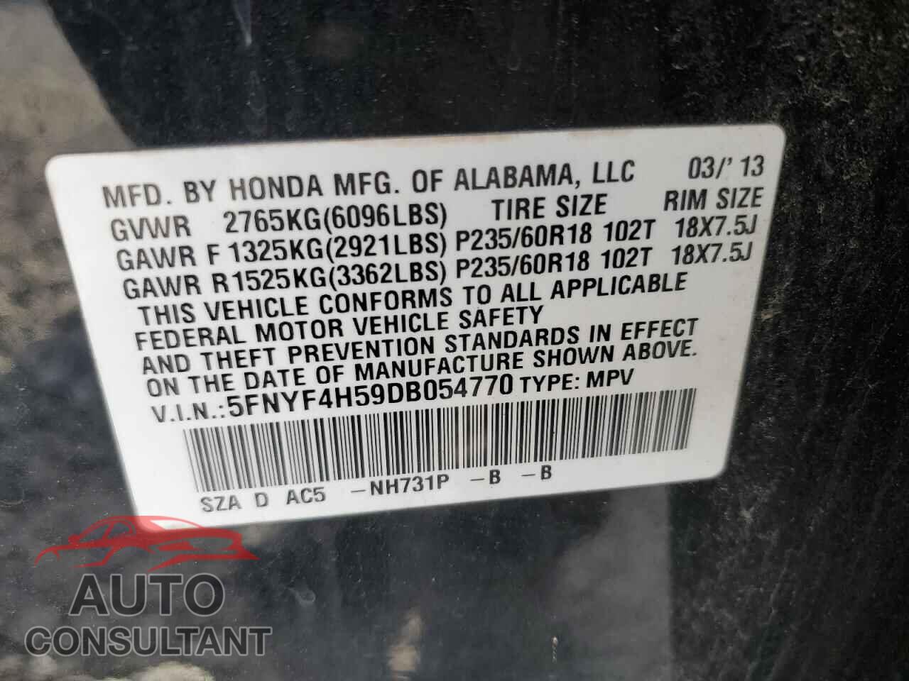 HONDA PILOT 2013 - 5FNYF4H59DB054770