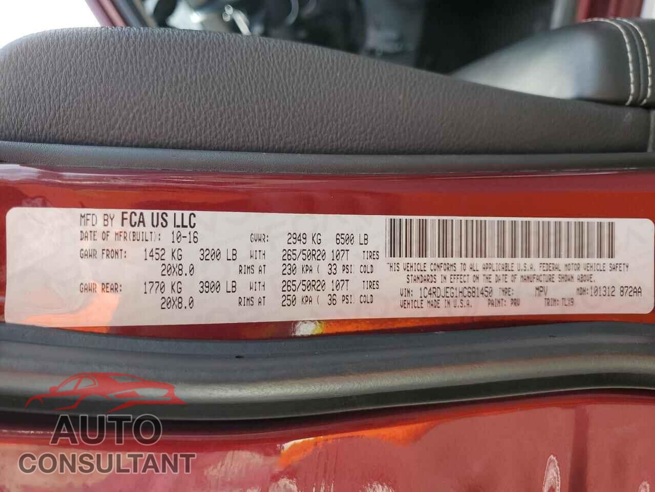 DODGE DURANGO 2017 - 1C4RDJEG1HC681450