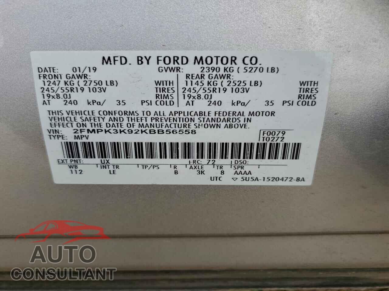 FORD EDGE 2019 - 2FMPK3K92KBB56558