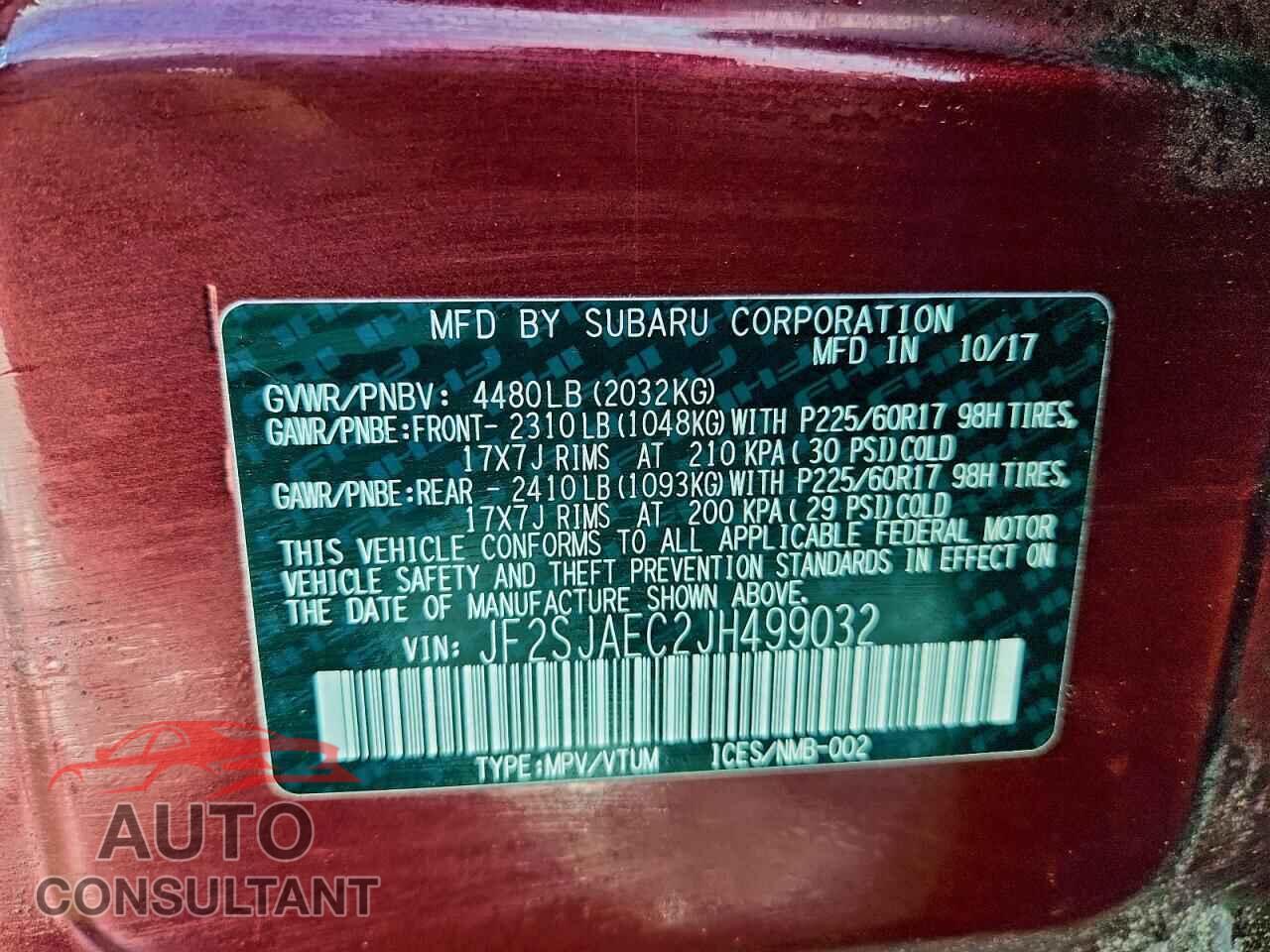 SUBARU FORESTER 2018 - JF2SJAEC2JH499032
