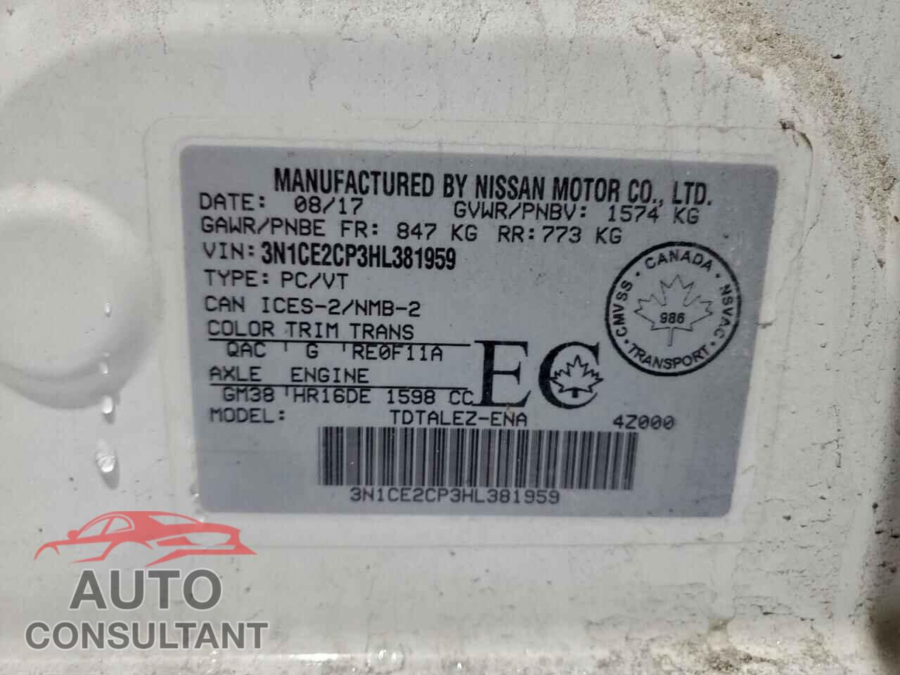 NISSAN VERSA 2017 - 3N1CE2CP3HL381959