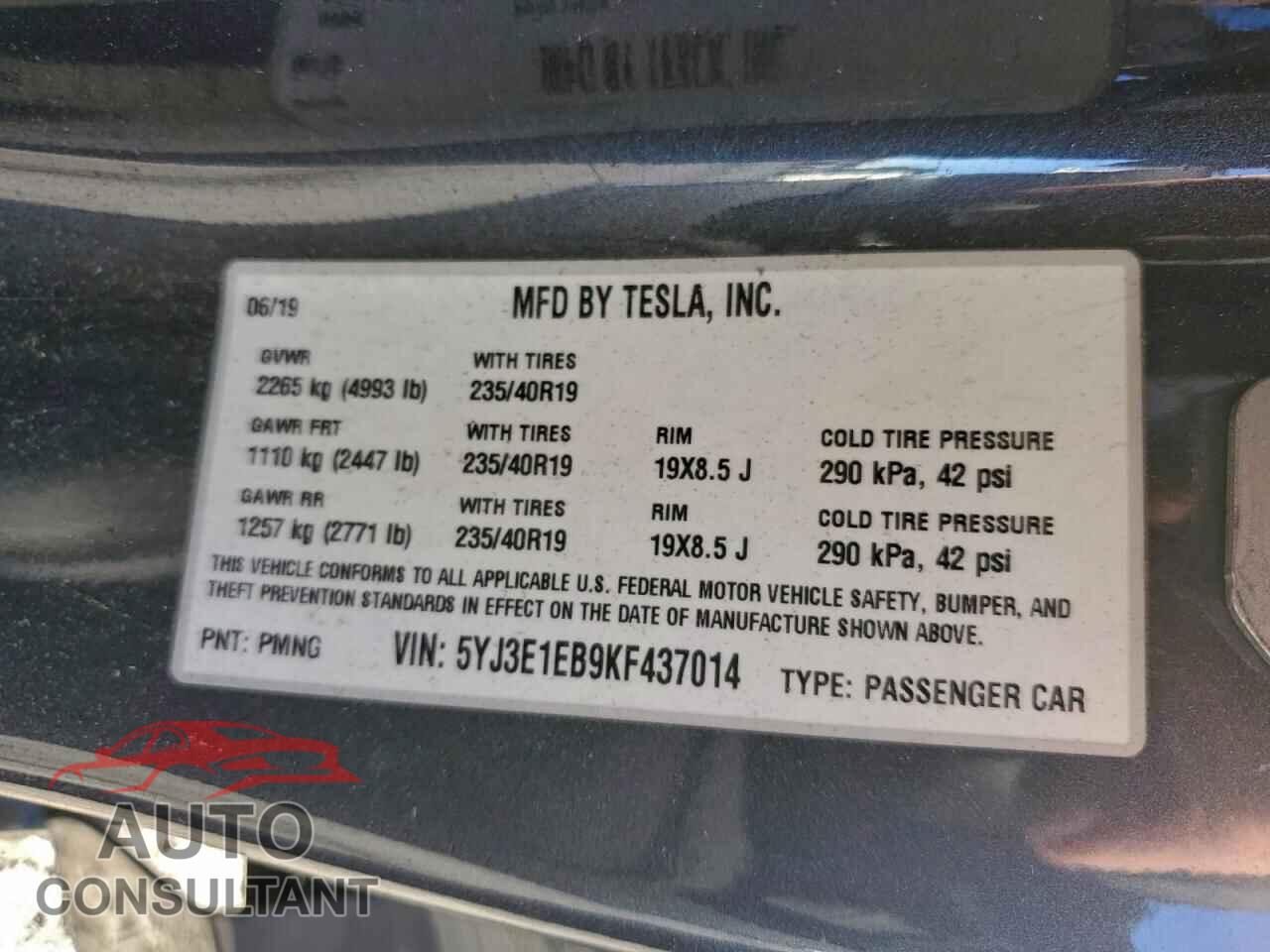 TESLA MODEL 3 2019 - 5YJ3E1EB9KF437014