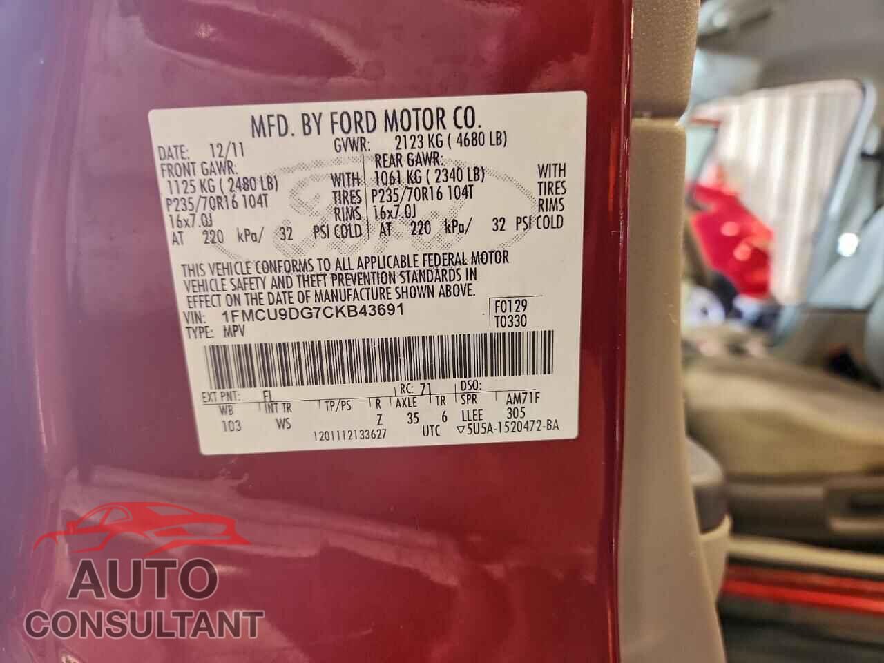 FORD ESCAPE 2012 - 1FMCU9DG7CKB43691