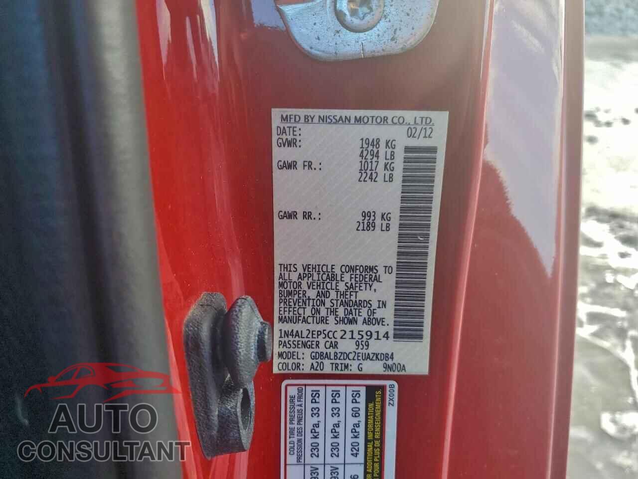NISSAN ALTIMA 2012 - 1N4AL2EP5CC215914