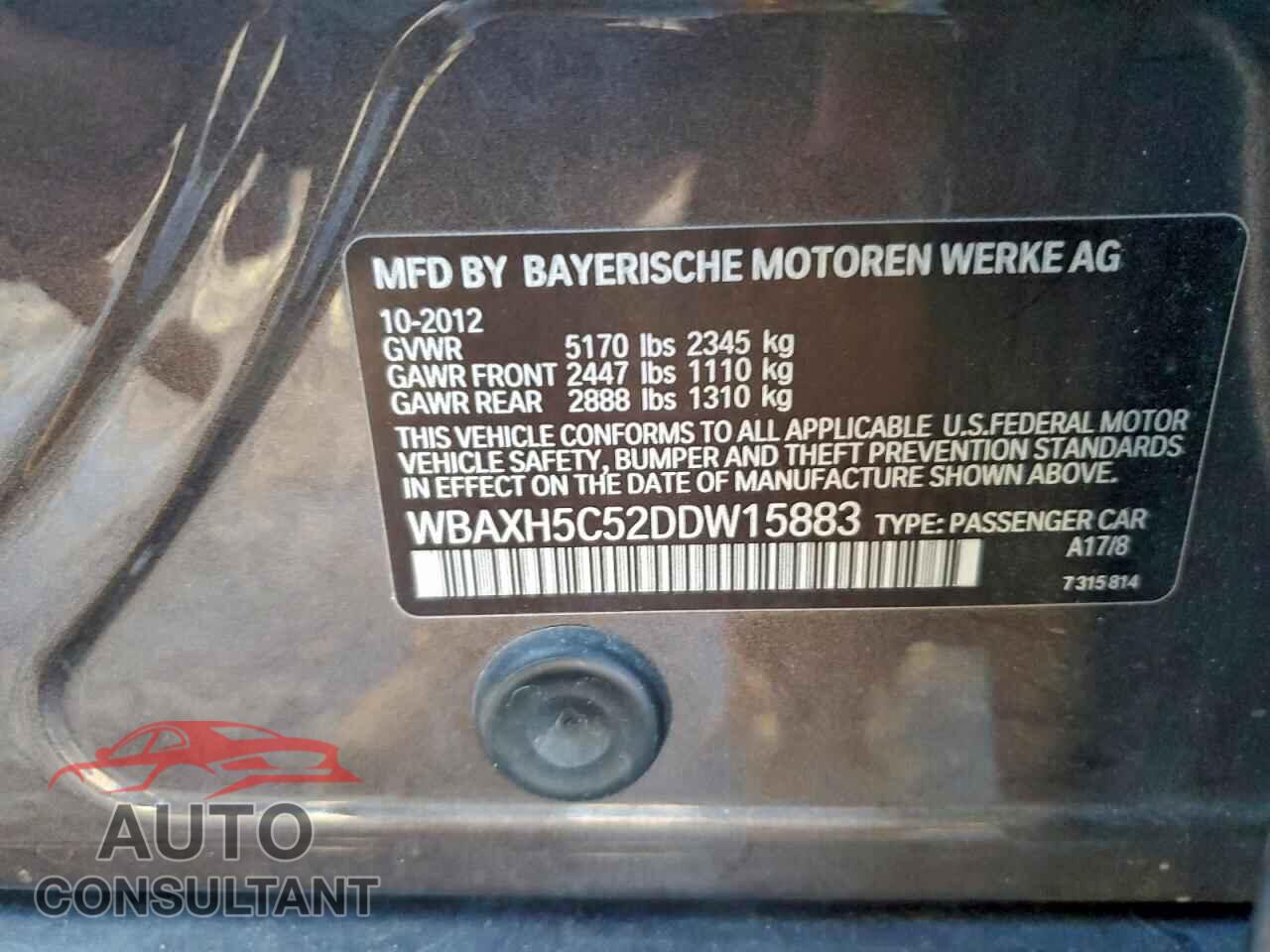 BMW 5 SERIES 2013 - WBAXH5C52DDW15883