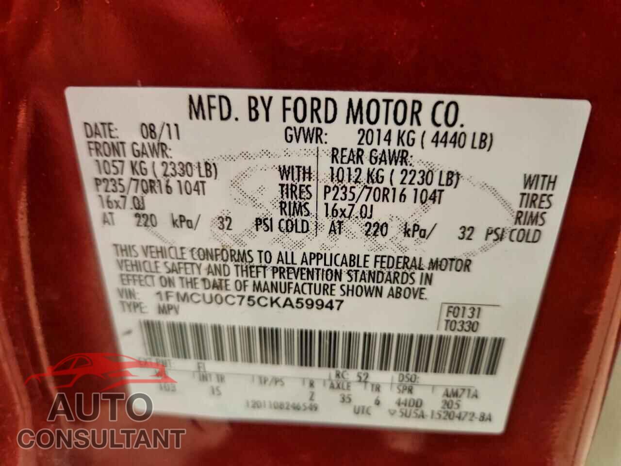 FORD ESCAPE 2012 - 1FMCU0C75CKA59947