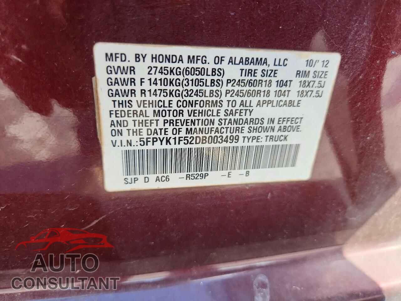 HONDA RIDGELINE 2013 - 5FPYK1F52DB003499