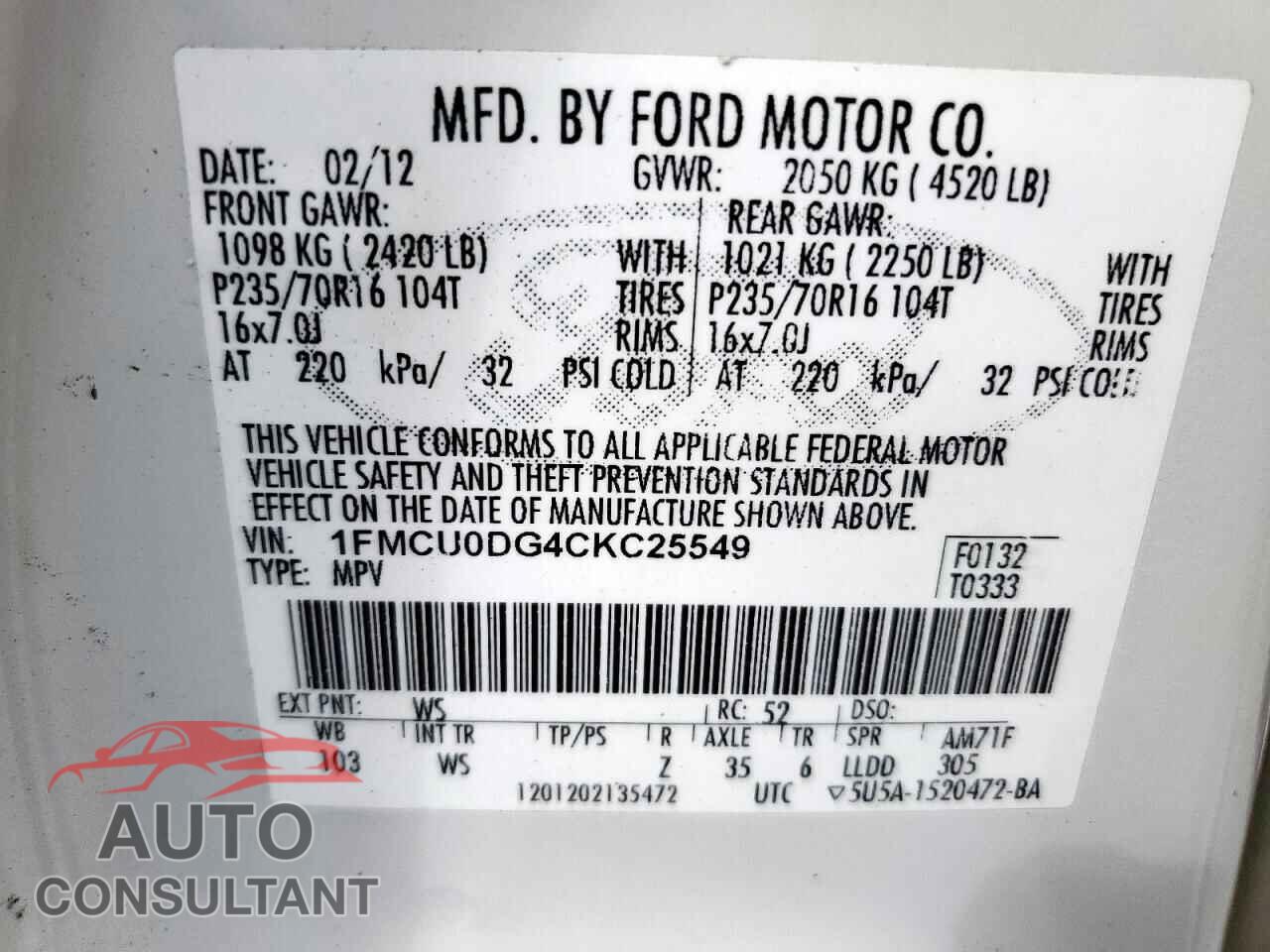 FORD ESCAPE 2012 - 1FMCU0DG4CKC25549