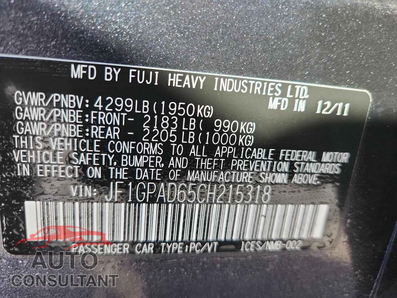SUBARU IMPREZA 2012 - JF1GPAD65CH215318