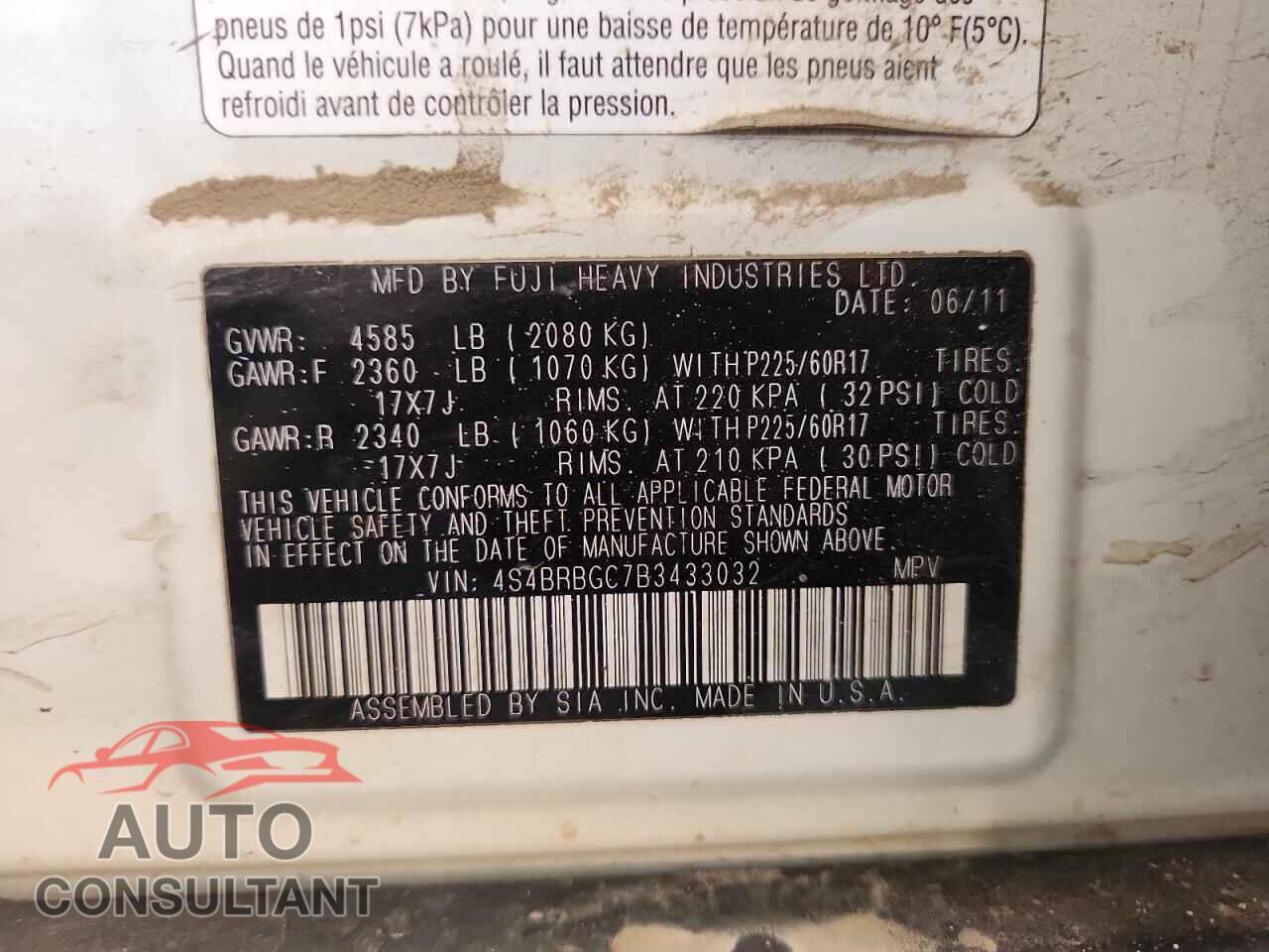 SUBARU OUTBACK 2011 - 4S4BRBGC7B3433032
