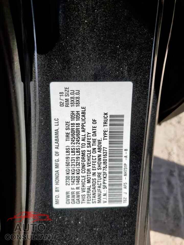 HONDA RIDGELINE 2018 - 5FPYK3F78JB016377