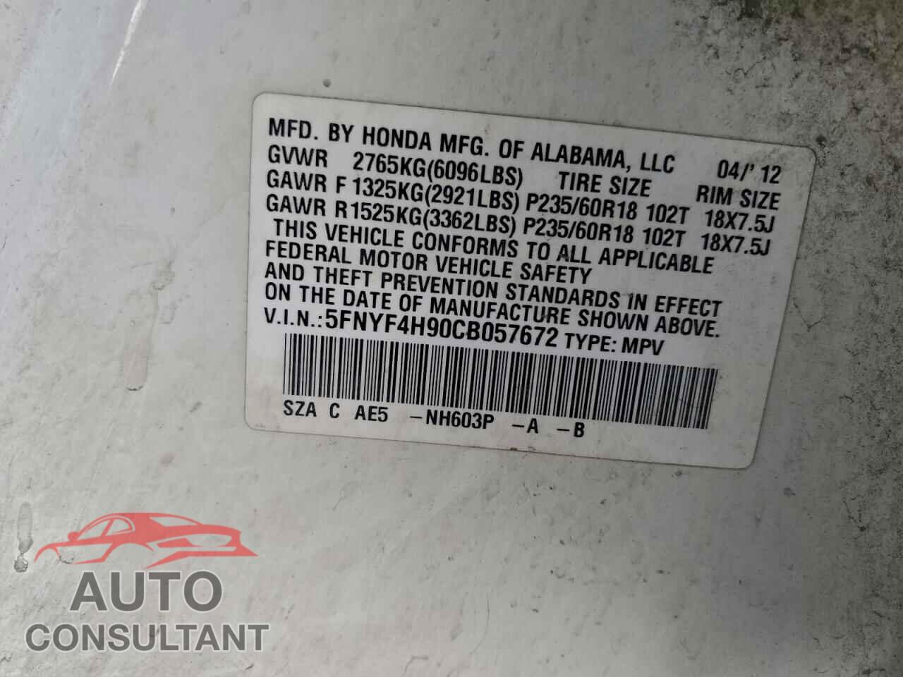 HONDA PILOT 2012 - 5FNYF4H90CB057672