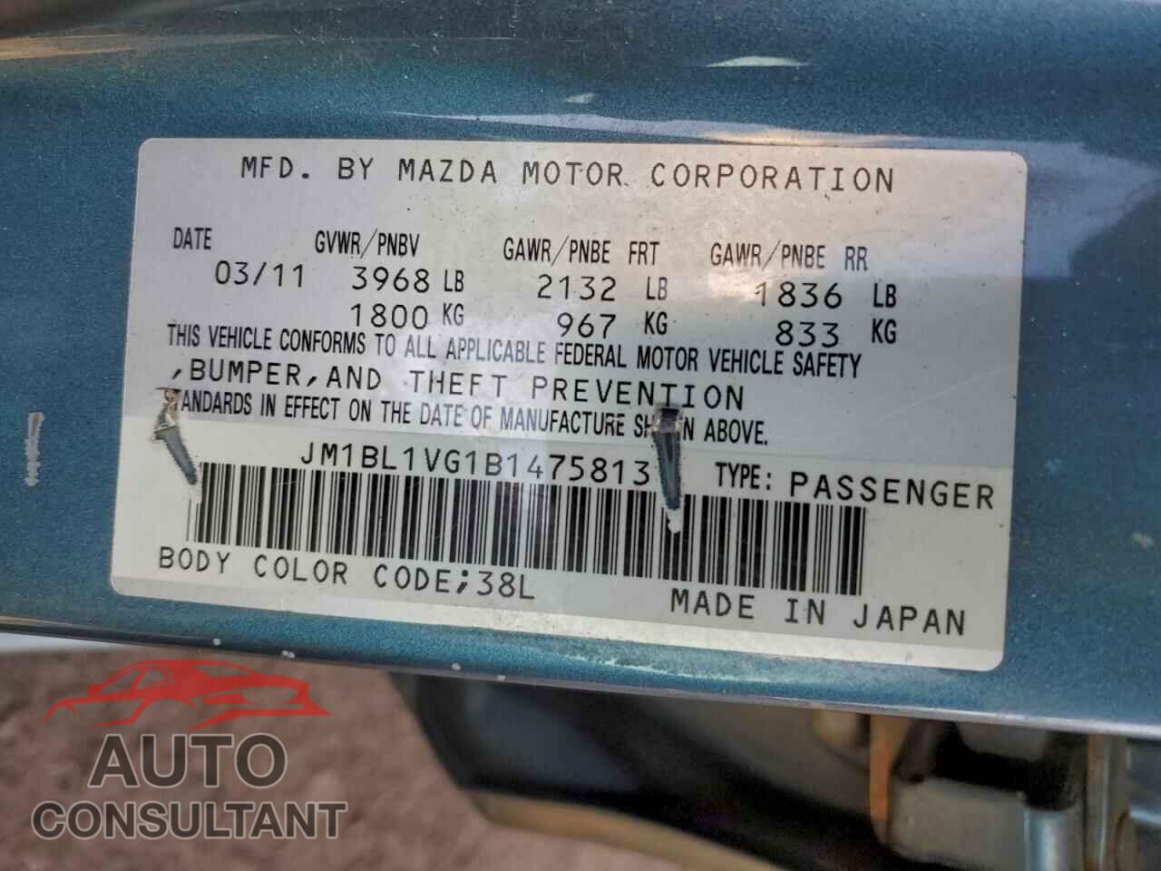 MAZDA 3 2011 - JM1BL1VG1B1475813