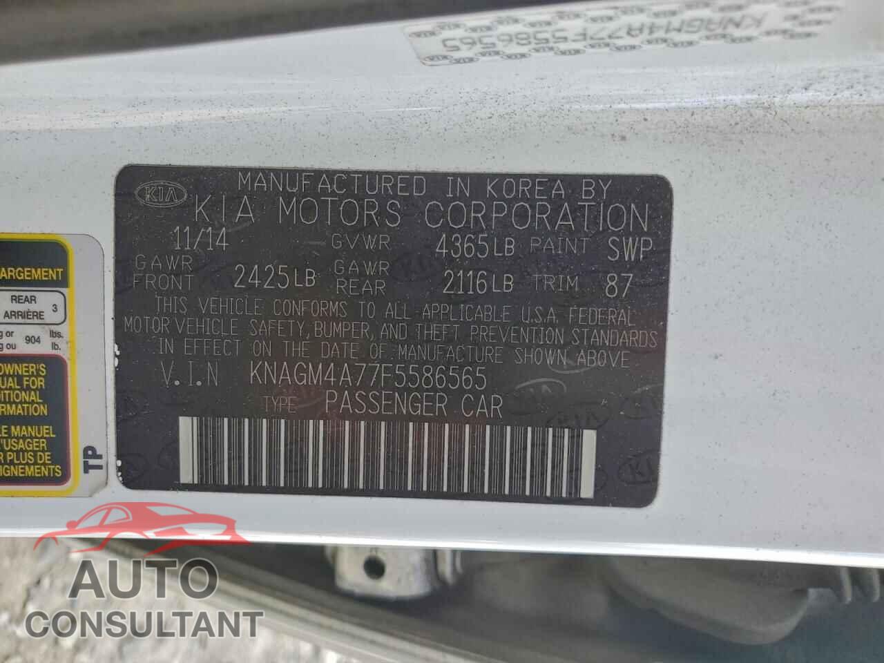 KIA OPTIMA 2015 - KNAGM4A77F5586565