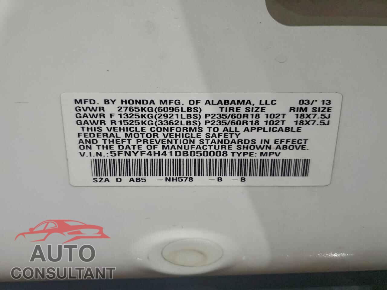 HONDA PILOT 2013 - 5FNYF4H41DB050008