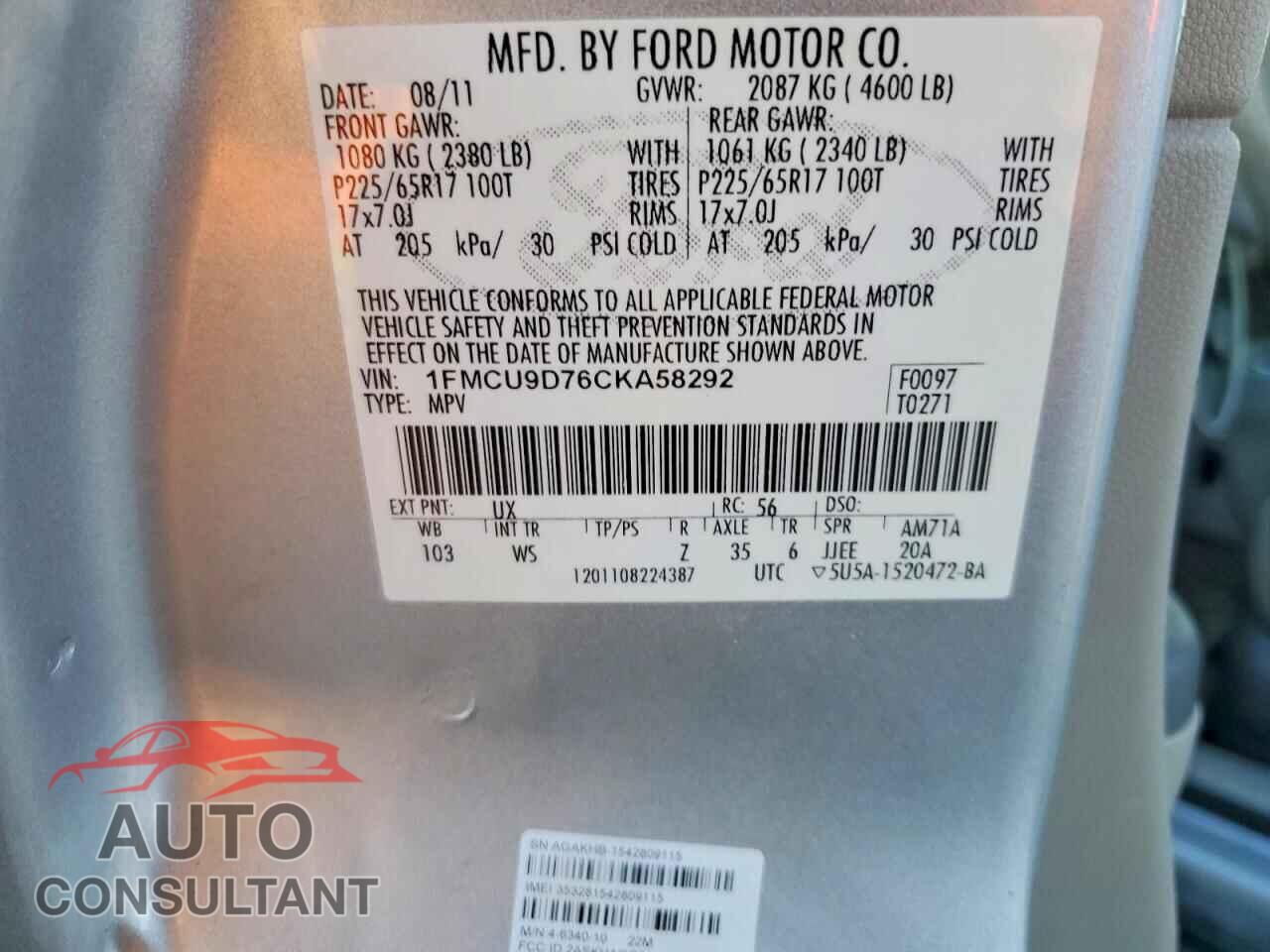 FORD ESCAPE 2012 - 1FMCU9D76CKA58292