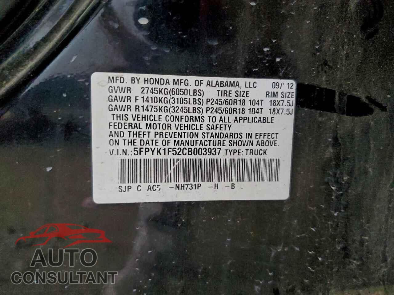 HONDA RIDGELINE 2012 - 5FPYK1F52CB003937