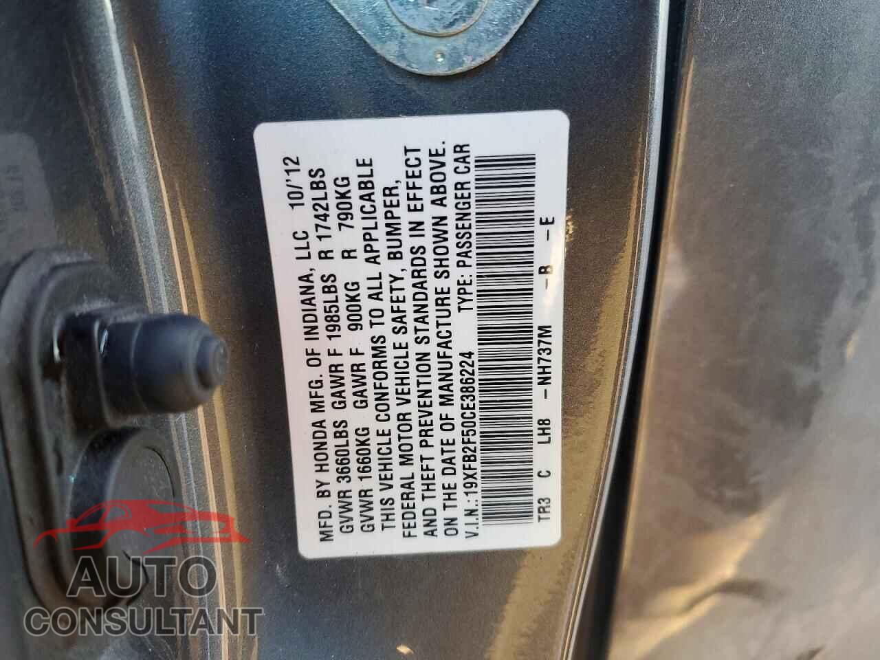 HONDA CIVIC 2012 - 19XFB2F50CE386224