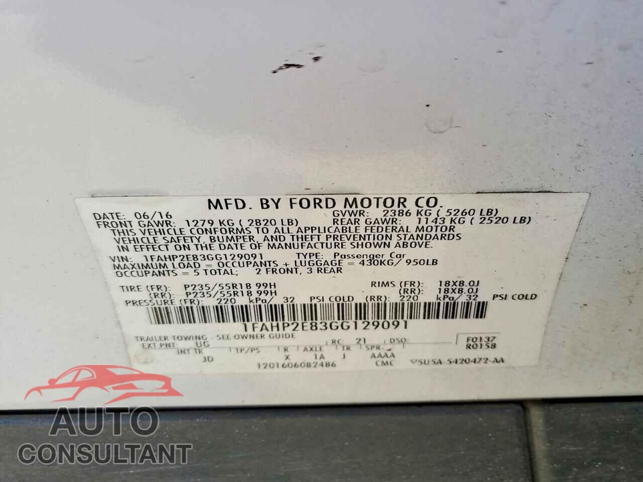 FORD TAURUS 2016 - 1FAHP2E83GG129091
