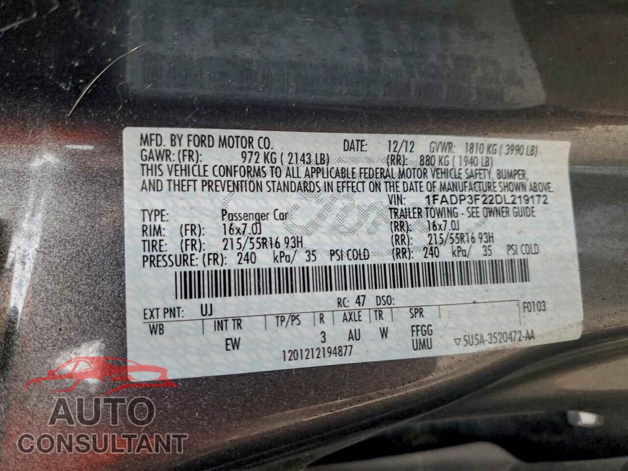 FORD FOCUS 2013 - 1FADP3F22DL219172