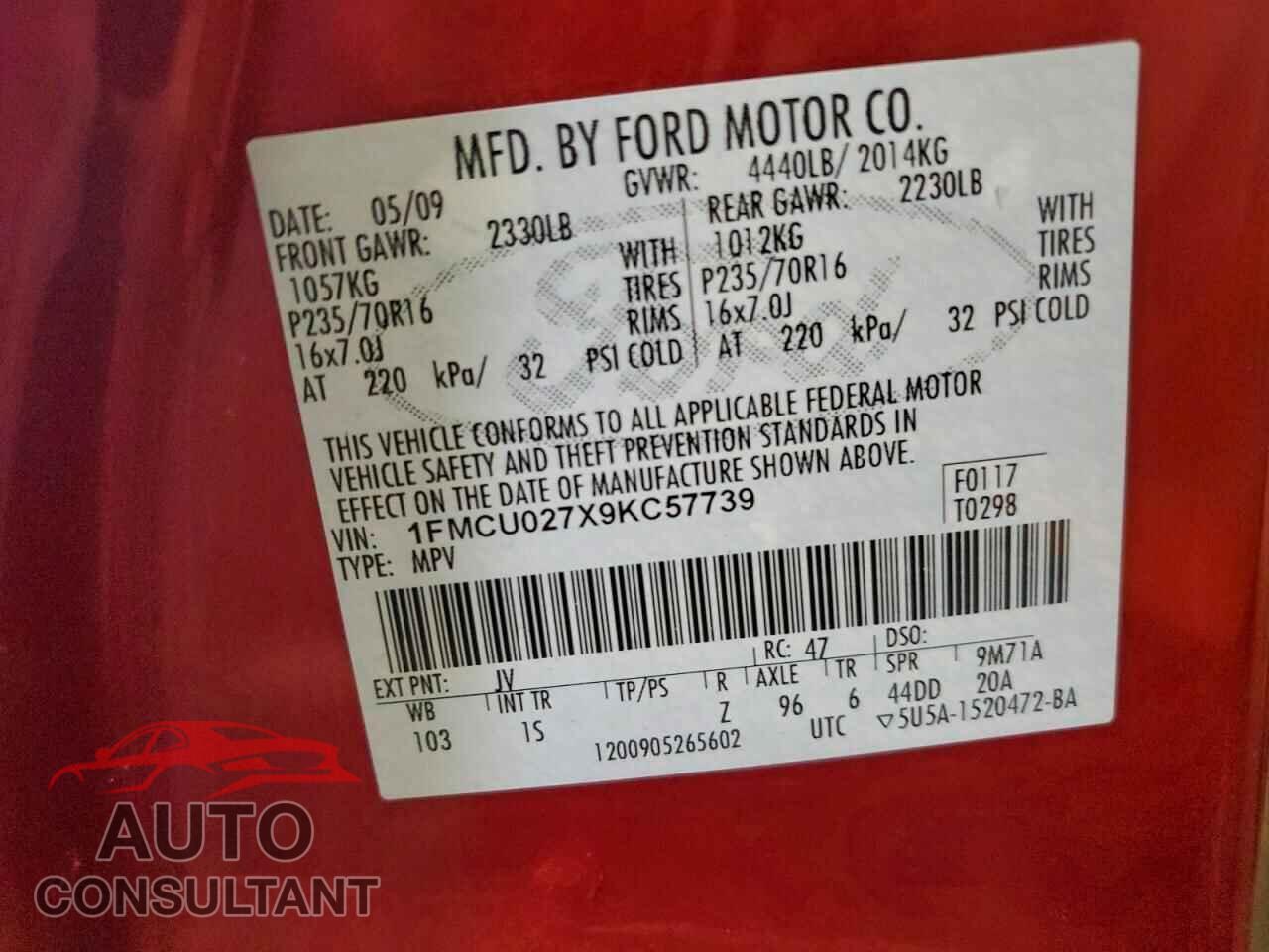 FORD ESCAPE 2009 - 1FMCU027X9KC57739