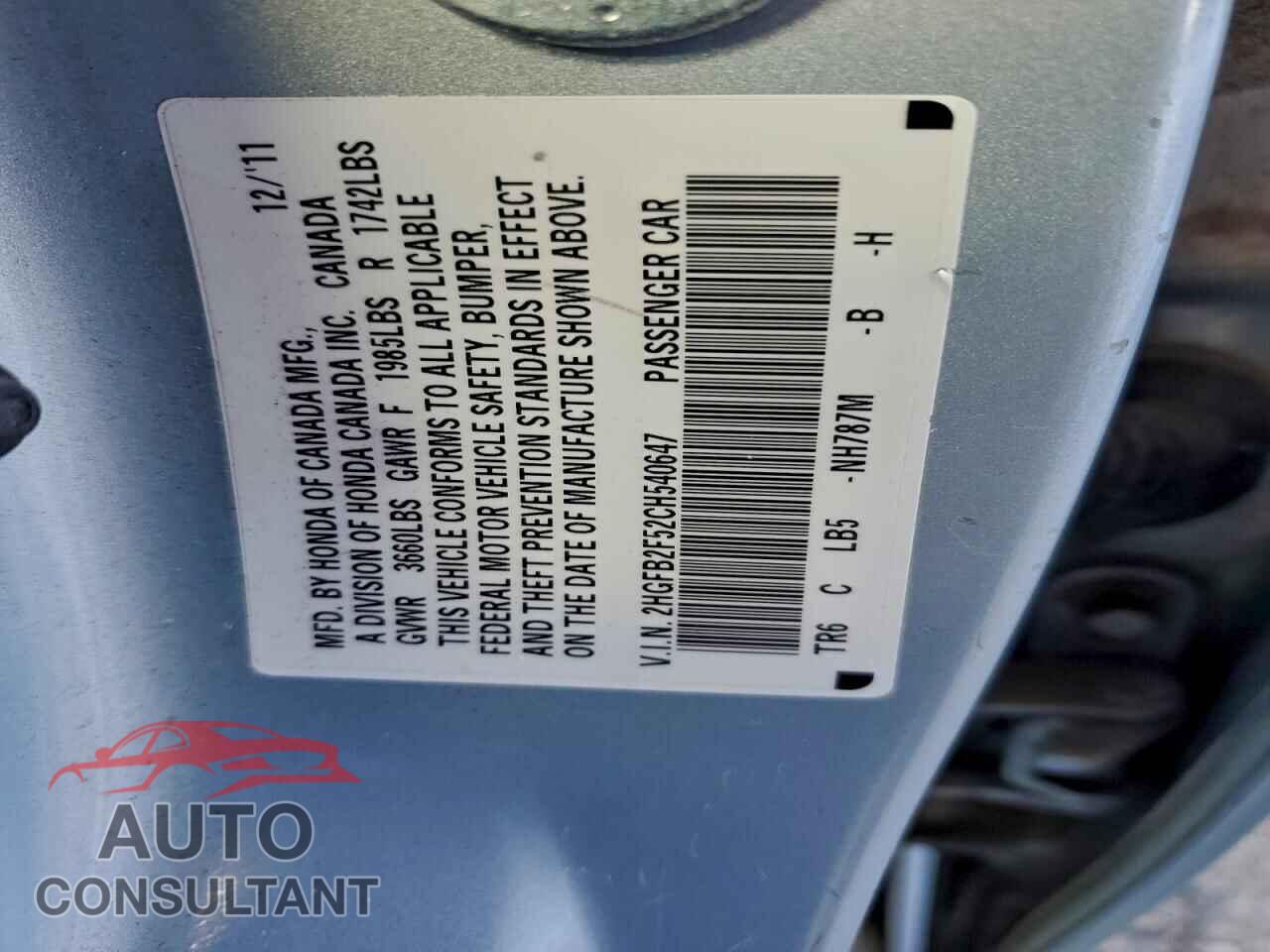 HONDA CIVIC 2012 - 2HGFB2F52CH540647
