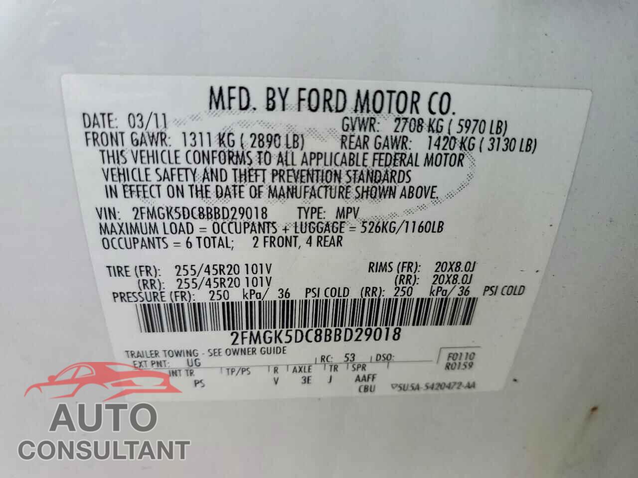 FORD FLEX 2011 - 2FMGK5DC8BBD29018