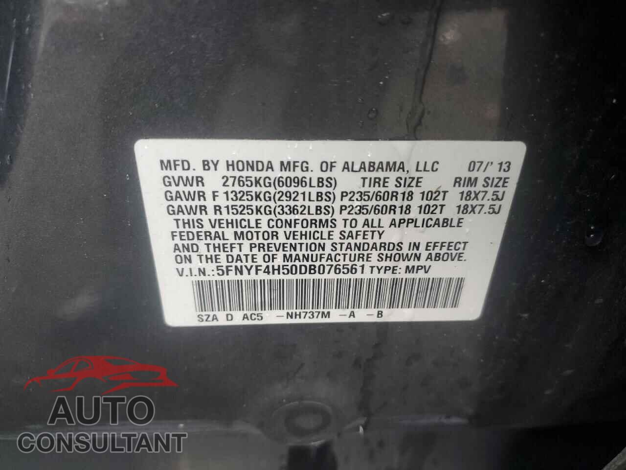 HONDA PILOT 2013 - 5FNYF4H50DB076561