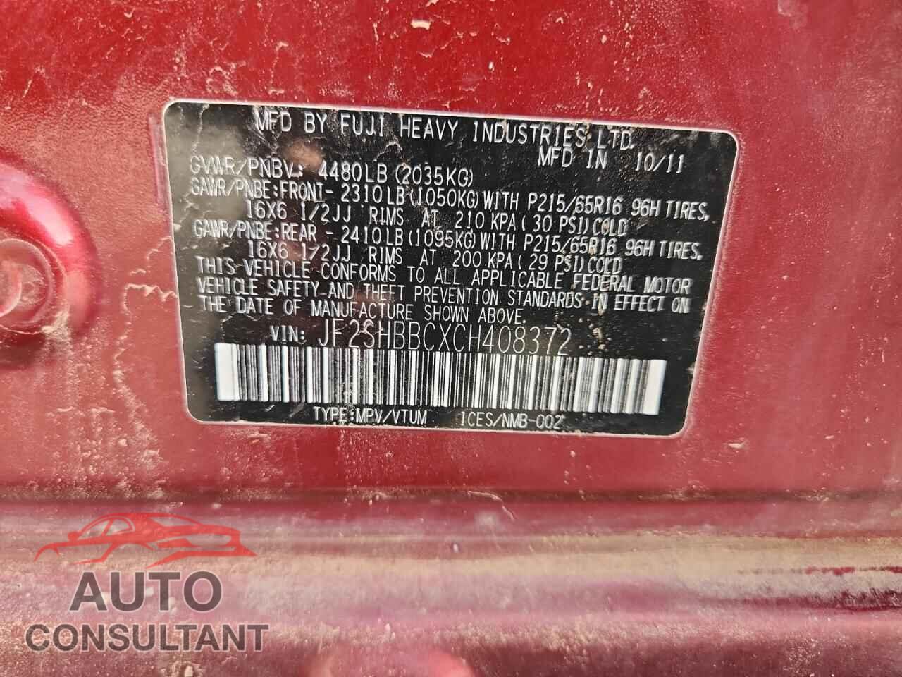 SUBARU FORESTER 2012 - JF2SHBBCXCH408372