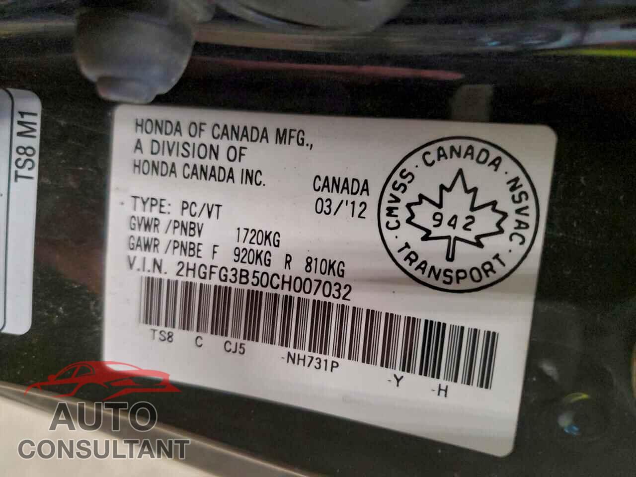 HONDA CIVIC 2012 - 2HGFG3B50CH007032