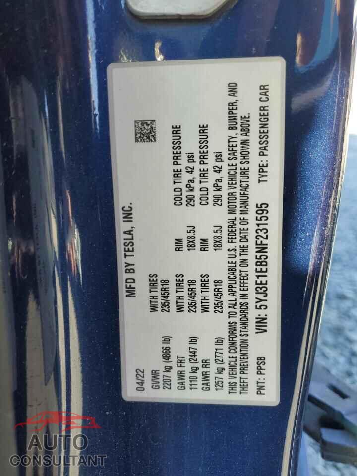 TESLA MODEL 3 2022 - 5YJ3E1EB5NF231595