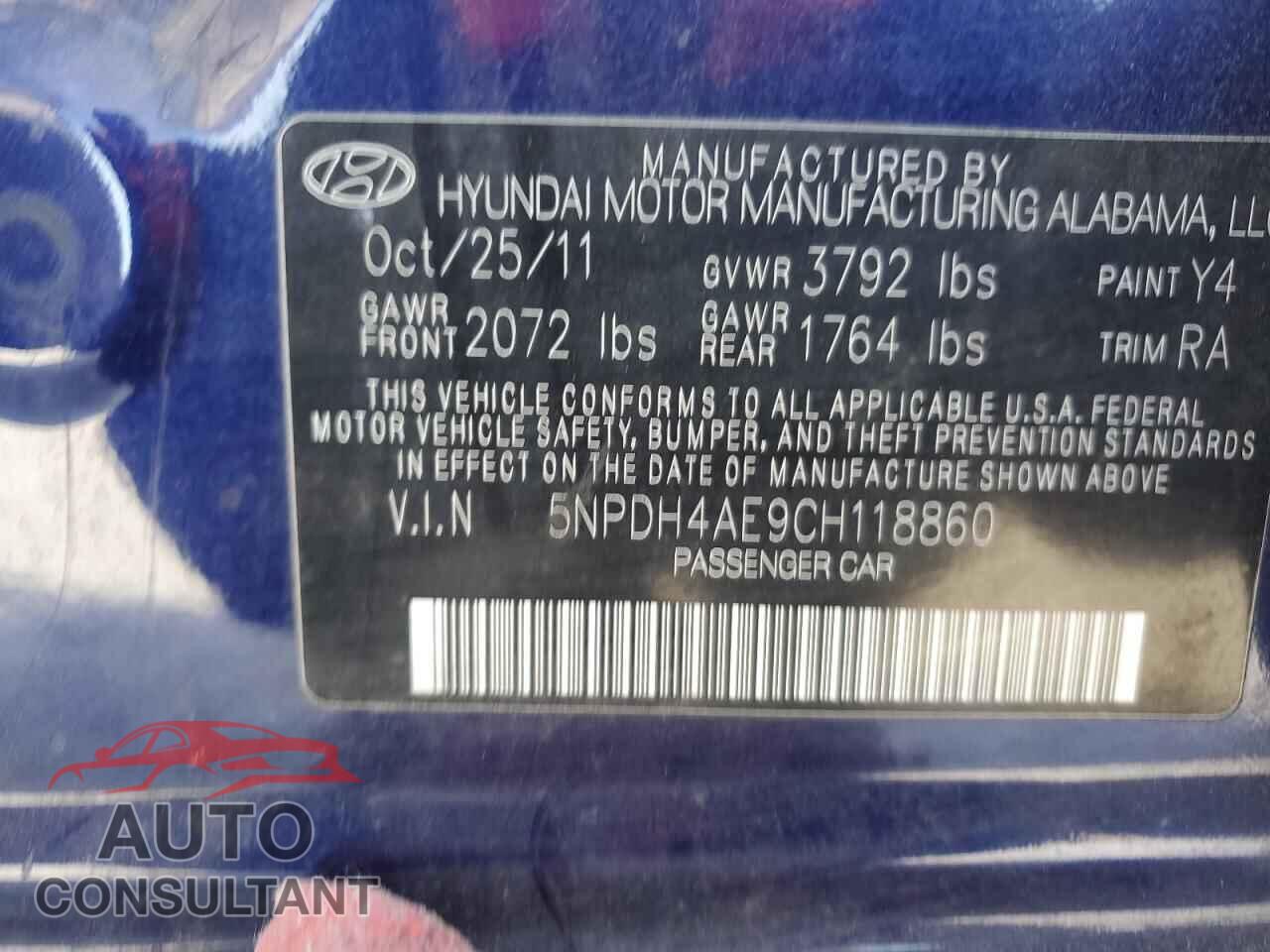 HYUNDAI ELANTRA 2012 - 5NPDH4AE9CH118860