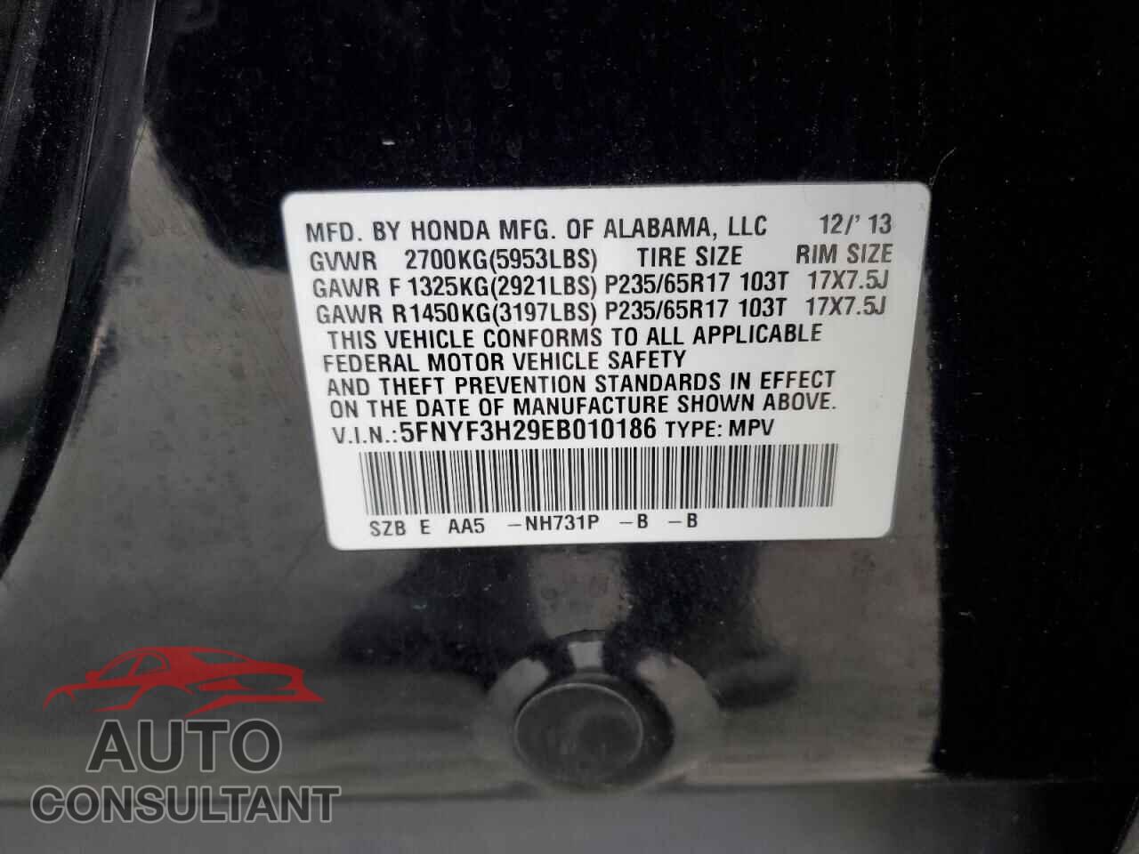 HONDA PILOT 2014 - 5FNYF3H29EB010186
