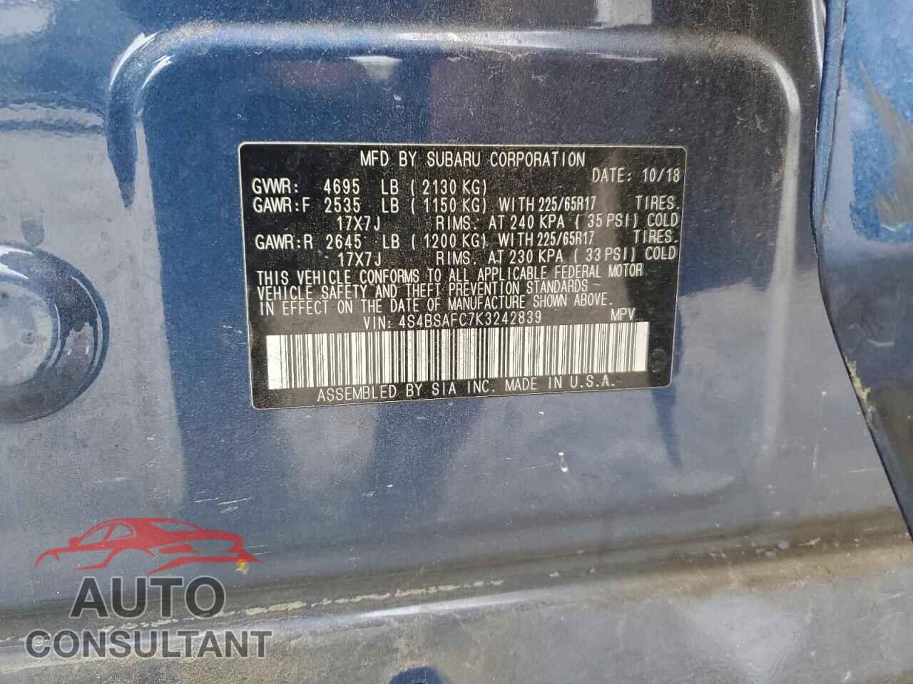SUBARU OUTBACK 2019 - 4S4BSAFC7K3242839