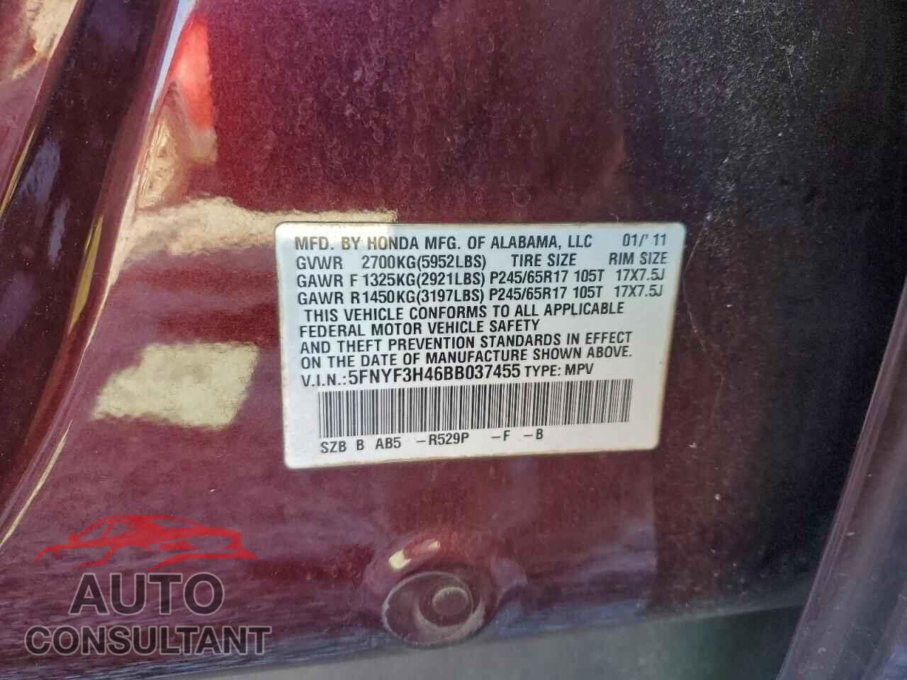 HONDA PILOT 2011 - 5FNYF3H46BB037455