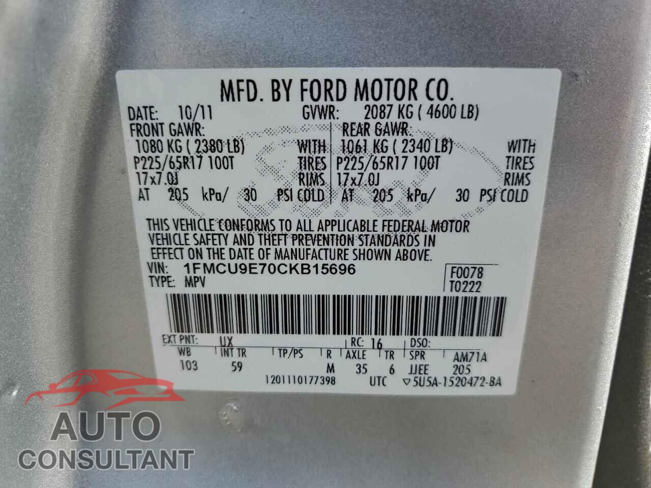 FORD ESCAPE 2012 - 1FMCU9E70CKB15696