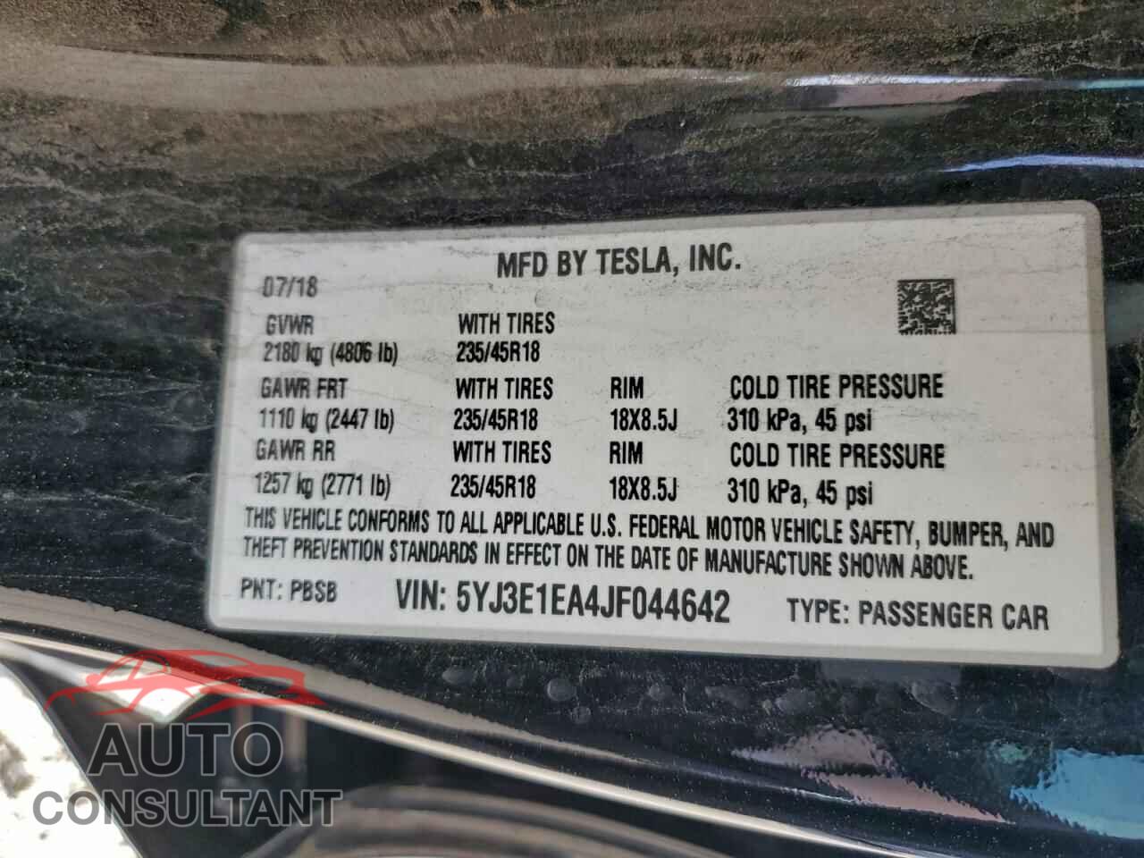 TESLA MODEL 3 2018 - 5YJ3E1EA4JF044642