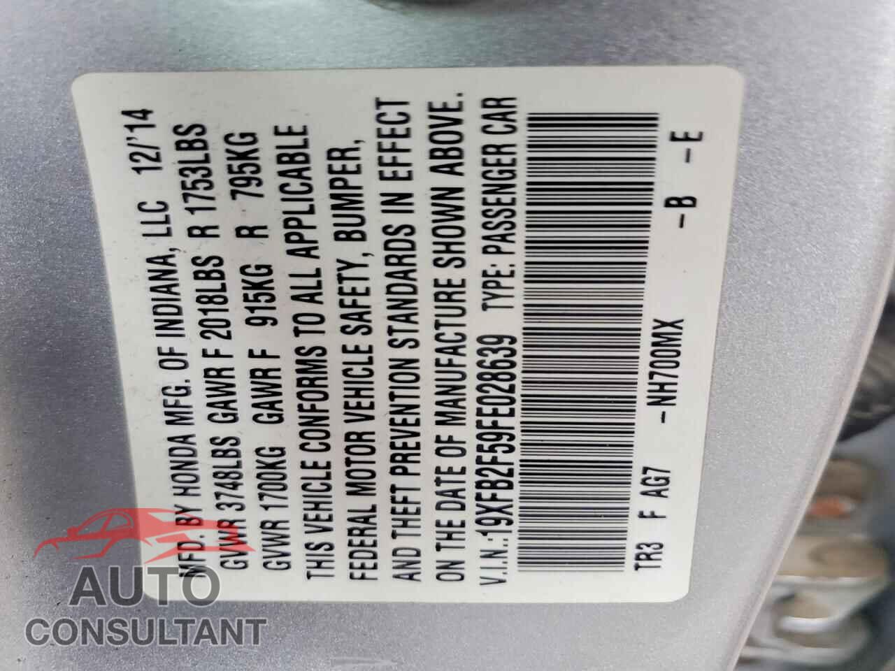 HONDA CIVIC 2015 - 19XFB2F59FE028639