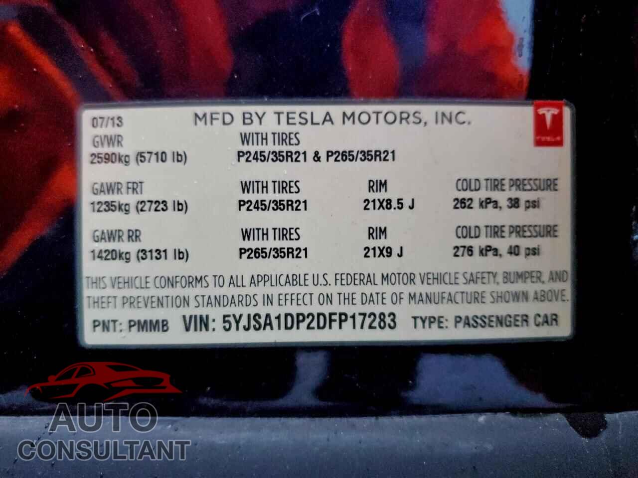 TESLA MODEL S 2013 - 5YJSA1DP2DFP17283