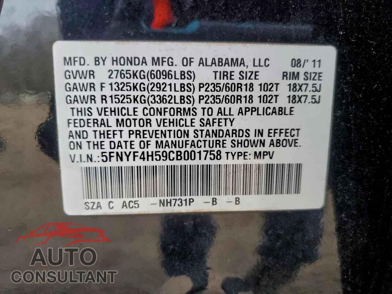 HONDA PILOT 2012 - 5FNYF4H59CB001758