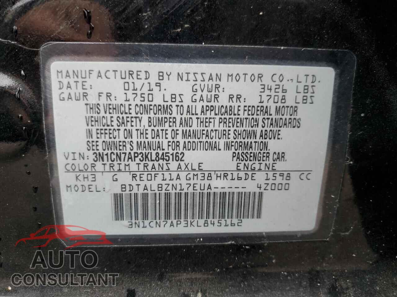 NISSAN VERSA 2019 - 3N1CN7AP3KL845162