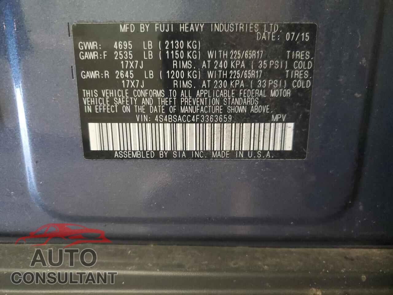 SUBARU OUTBACK 2015 - 4S4BSACC4F3363659